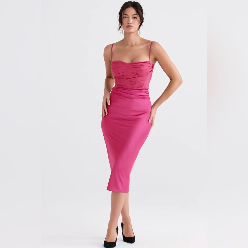 HOUSE OF CB 'Teia' Hot Pink Draped Corset Midi Dress /Size M